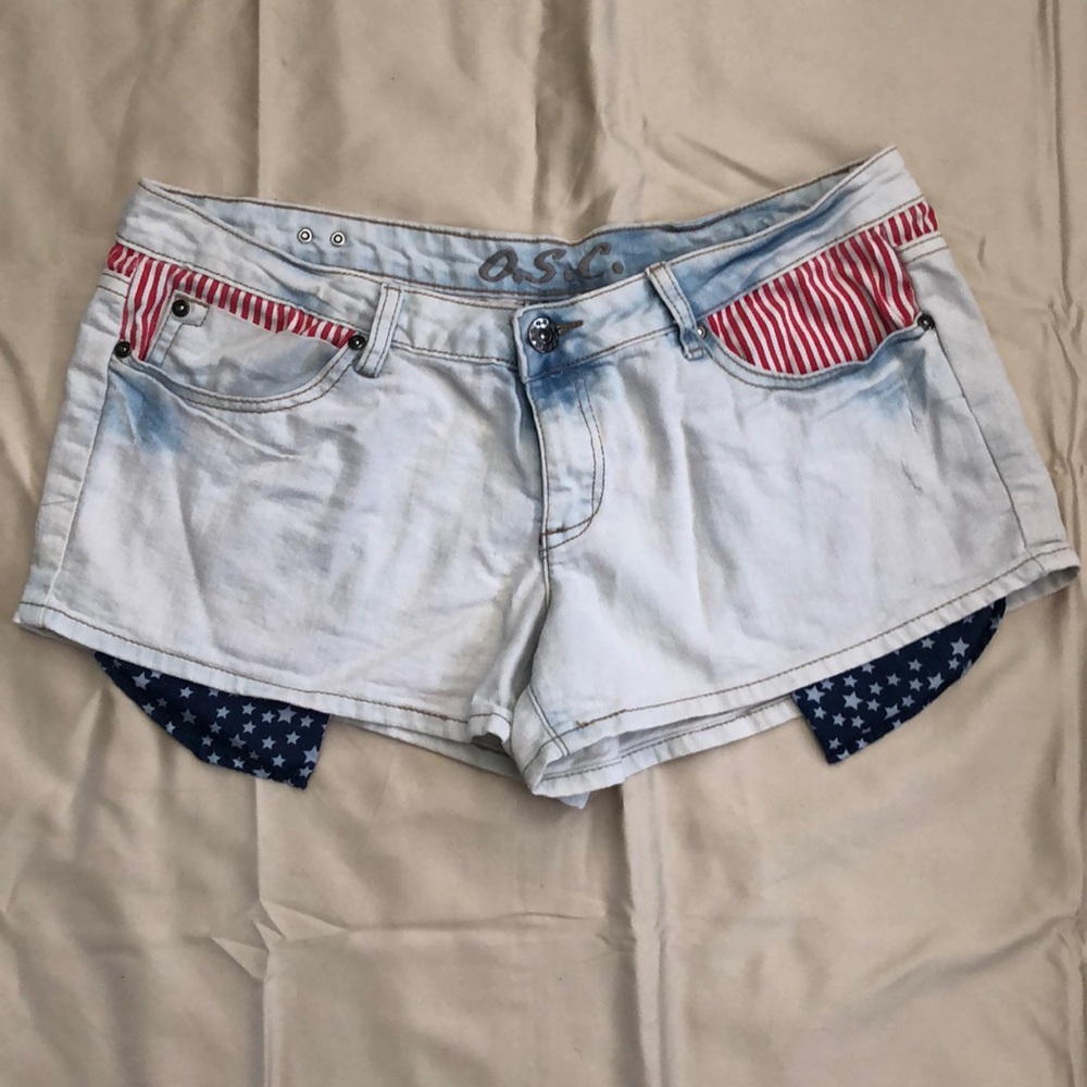 Light wash red white and blue shorts